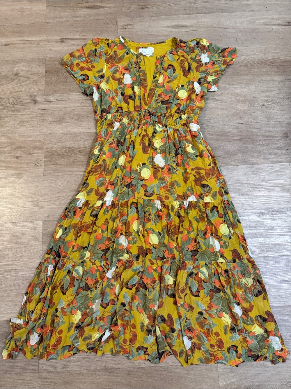 Anthropologie Floral Autumn Yellow Printed Tiered Maxi Dress Size XL